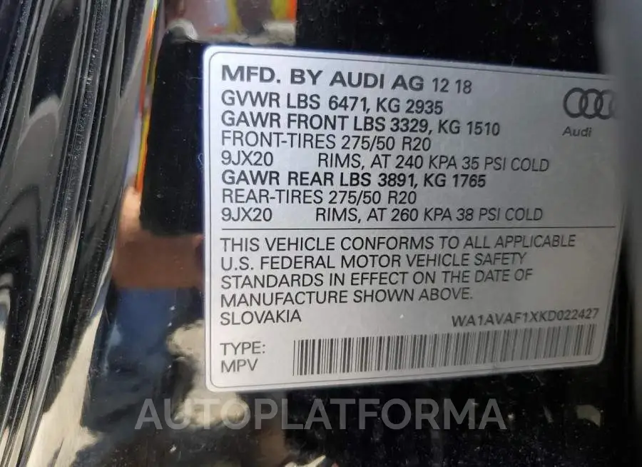 AUDI Q8 PREMIUM 2019 vin WA1AVAF1XKD022427 from auto auction Copart