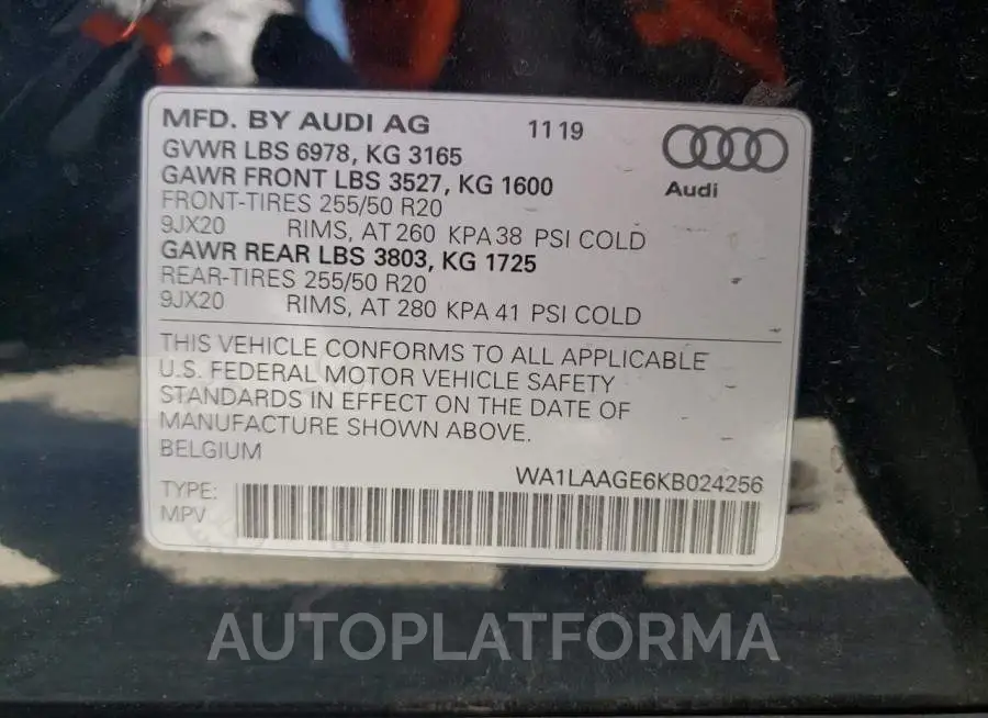 AUDI E-TRON PRE 2019 vin WA1LAAGE6KB024256 from auto auction Copart