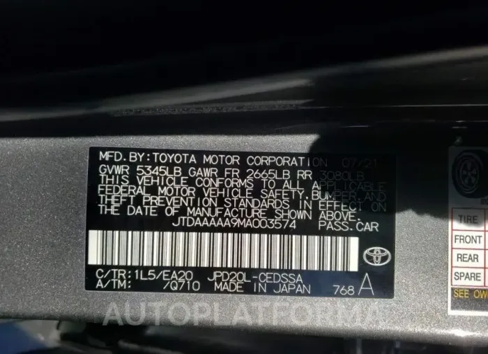 TOYOTA MIRAI XLE 2021 vin JTDAAAAA9MA003574 from auto auction Copart