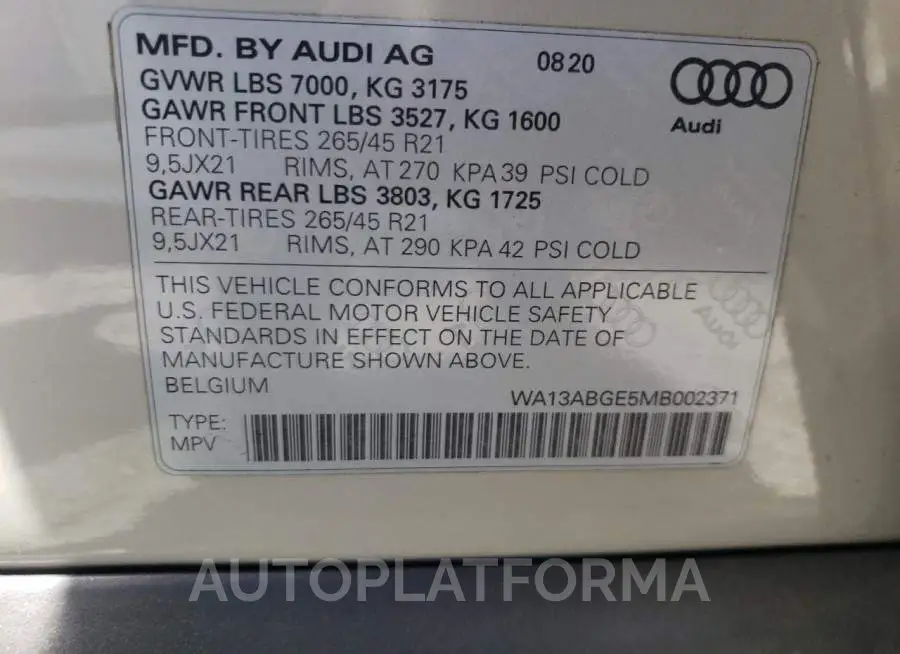 AUDI E-TRON SPO 2021 vin WA13ABGE5MB002371 from auto auction Copart