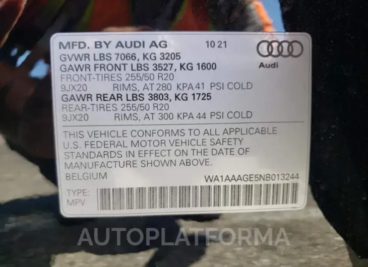 AUDI E-TRON PRE 2022 vin WA1AAAGE5NB013244 from auto auction Copart