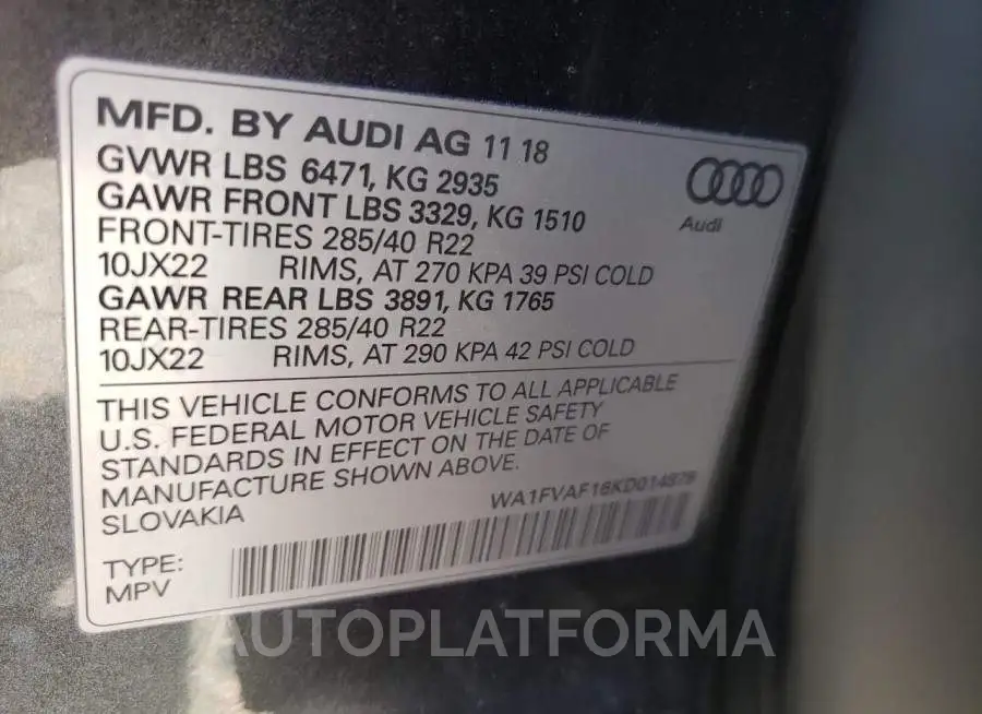 AUDI Q8 PRESTIG 2019 vin WA1FVAF16KD014878 from auto auction Copart