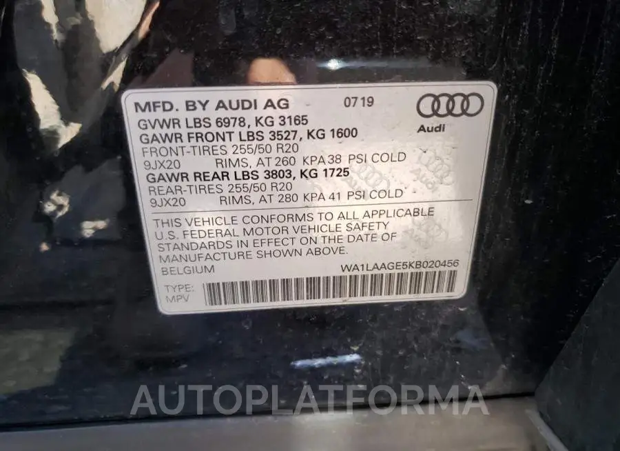 AUDI E-TRON PRE 2019 vin WA1LAAGE5KB020456 from auto auction Copart