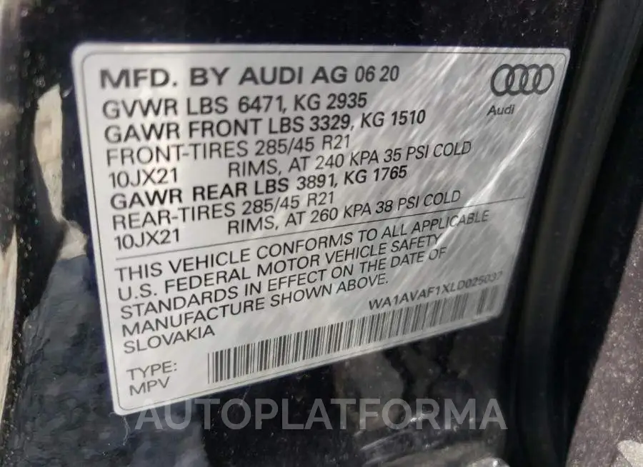 AUDI Q8 PREMIUM 2020 vin WA1AVAF1XLD025037 from auto auction Copart