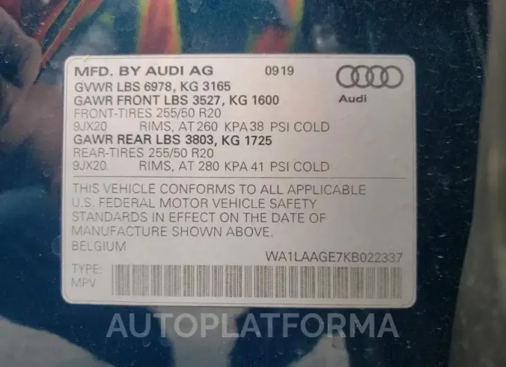 AUDI E-TRON PRE 2019 vin WA1LAAGE7KB022337 from auto auction Copart