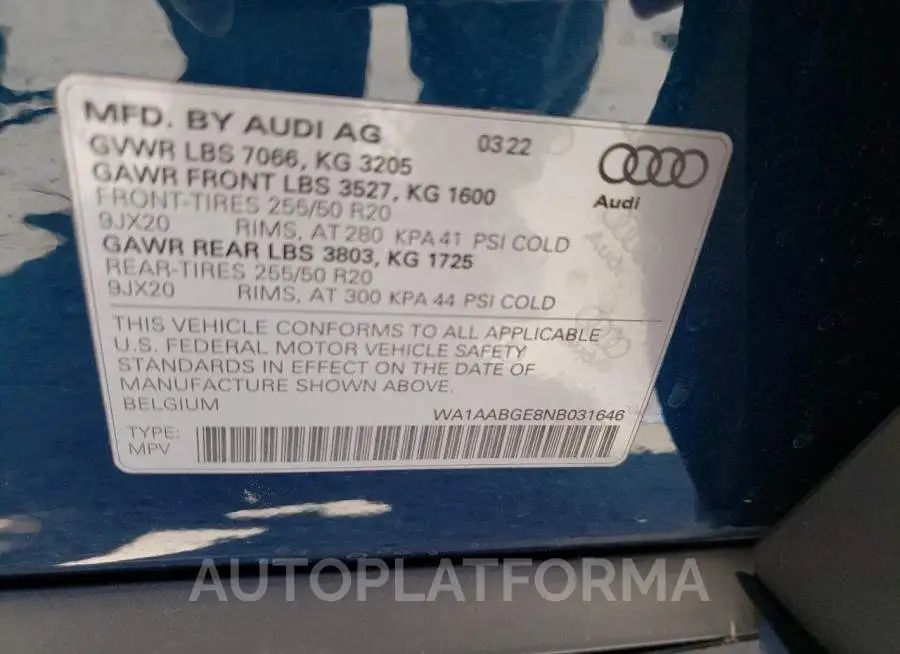 AUDI E-TRON PRE 2022 vin WA1AABGE8NB031646 from auto auction Copart