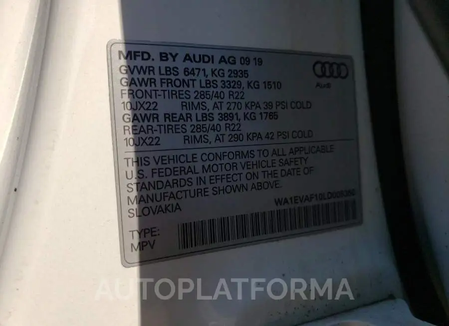 AUDI Q8 PREMIUM 2020 vin WA1EVAF10LD005350 from auto auction Copart