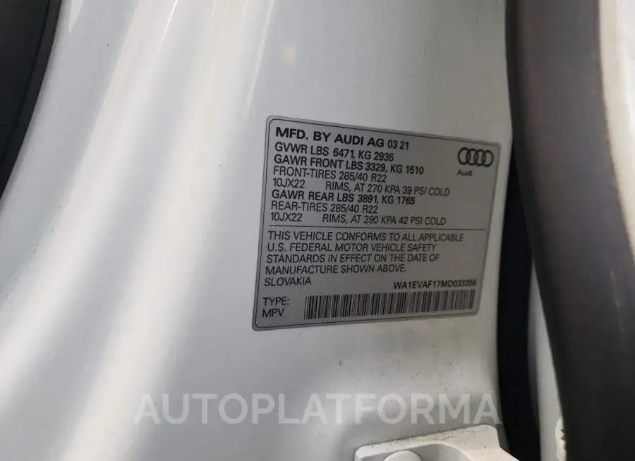 AUDI Q8 PREMIUM 2021 vin WA1EVAF17MD033356 from auto auction Copart