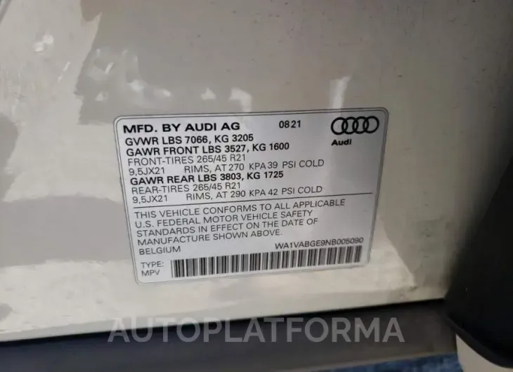 AUDI E-TRON CHR 2022 vin WA1VABGE9NB005090 from auto auction Copart