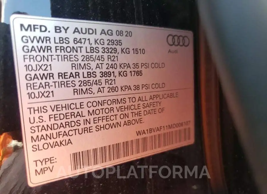 AUDI Q8 PREMIUM 2021 vin WA1BVAF11MD006107 from auto auction Copart