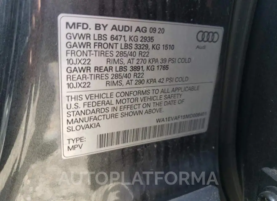 AUDI Q8 PREMIUM 2021 vin WA1EVAF15MD006401 from auto auction Copart