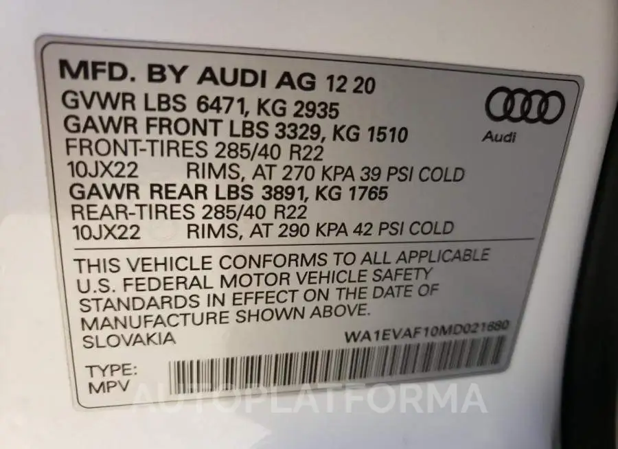 AUDI Q8 PREMIUM 2021 vin WA1EVAF10MD021680 from auto auction Copart