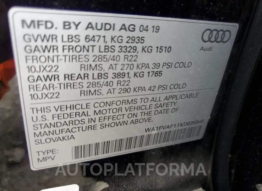 AUDI Q8 PRESTIG 2019 vin WA1FVAF11KD035945 from auto auction Copart