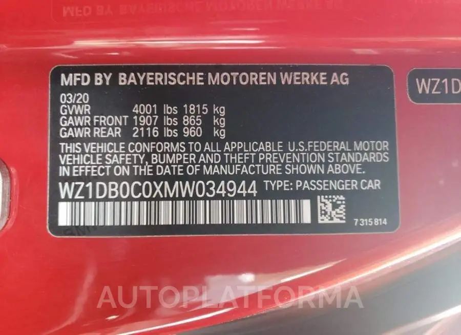 TOYOTA SUPRA BASE 2021 vin WZ1DB0C0XMW034944 from auto auction Copart