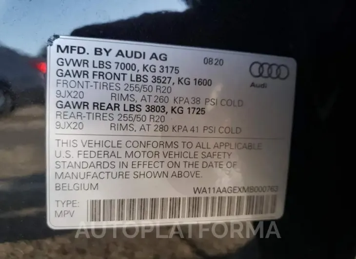 AUDI E-TRON SPO 2021 vin WA11AAGEXMB000763 from auto auction Copart