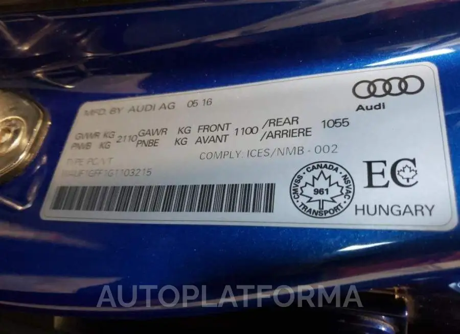 AUDI S3 PRESTIG 2016 vin WAUF1GFF1G1103215 from auto auction Copart