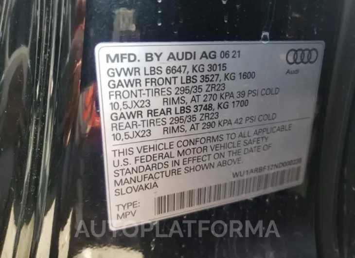 AUDI RS Q8 2022 vin WU1ARBF12ND000235 from auto auction Copart