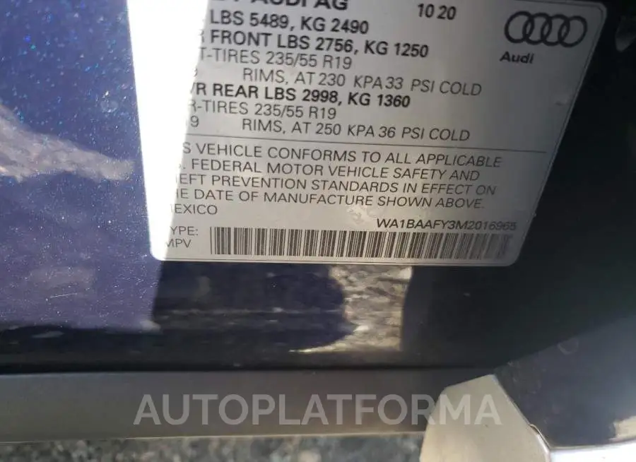 AUDI Q5 PREMIUM 2021 vin WA1BAAFY3M2016965 from auto auction Copart