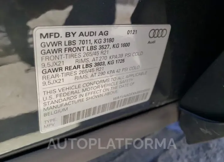 AUDI E-TRON PRE 2021 vin WA1VAAGEXMB026930 from auto auction Copart