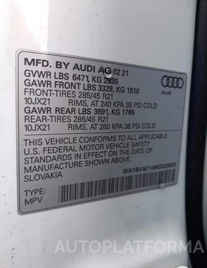 AUDI Q8 PREMIUM 2021 vin WA1BVAF14MD029025 from auto auction Copart