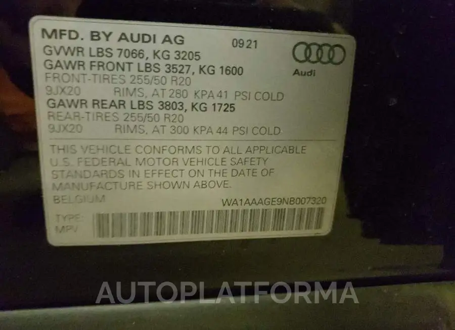 AUDI E-TRON PRE 2022 vin WA1AAAGE9NB007320 from auto auction Copart