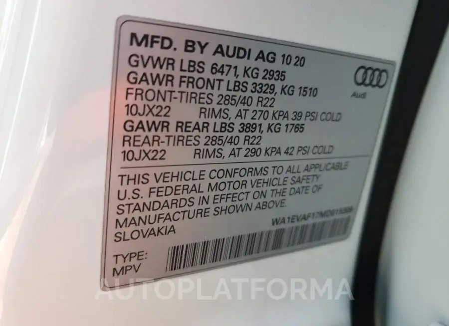 AUDI Q8 PREMIUM 2021 vin WA1EVAF17MD015309 from auto auction Copart