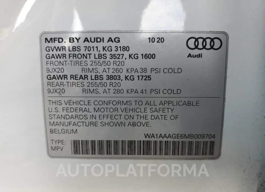 AUDI E-TRON PRE 2021 vin WA1AAAGE6MB009704 from auto auction Copart