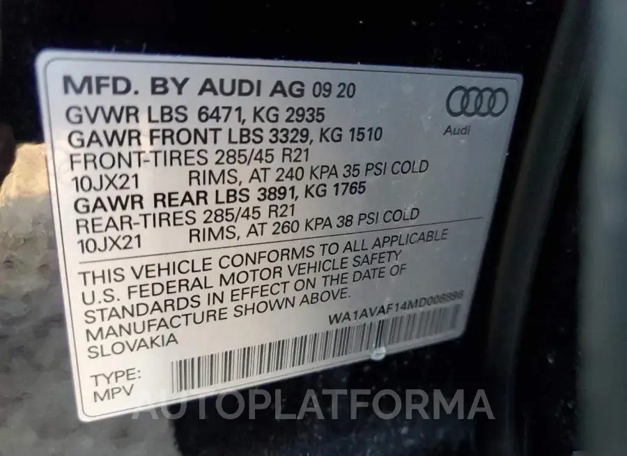 AUDI Q8 PREMIUM 2021 vin WA1AVAF14MD008896 from auto auction Copart