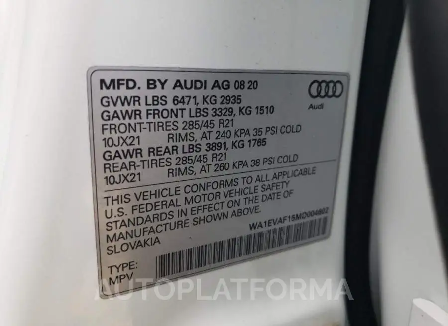 AUDI Q8 PREMIUM 2021 vin WA1EVAF15MD004602 from auto auction Copart