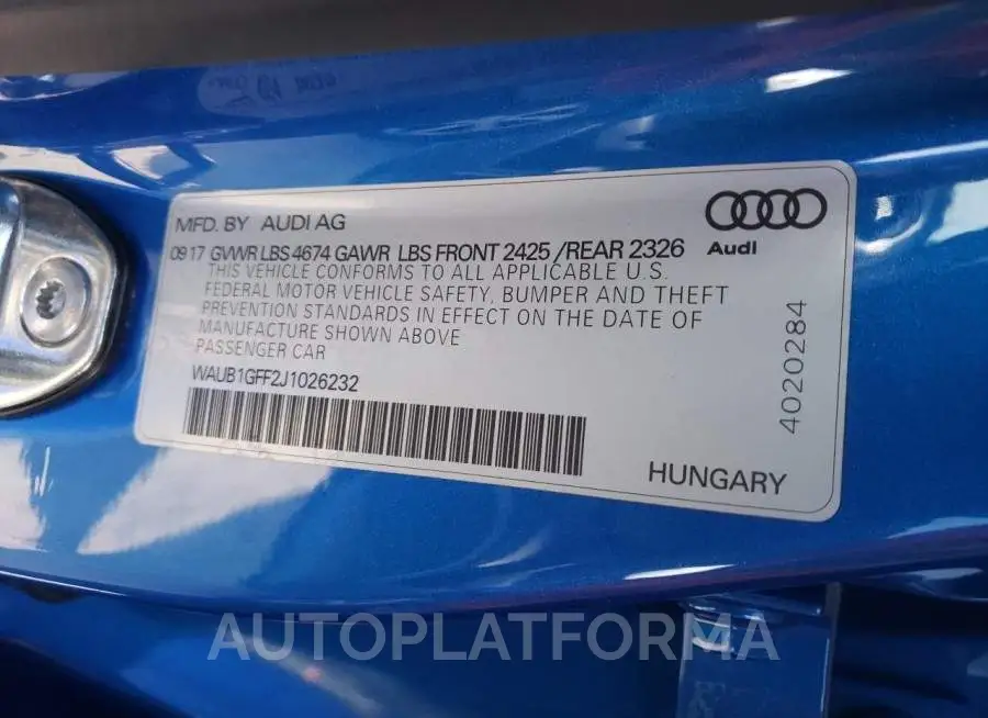 AUDI S3 PREMIUM 2018 vin WAUB1GFF2J1026232 from auto auction Copart