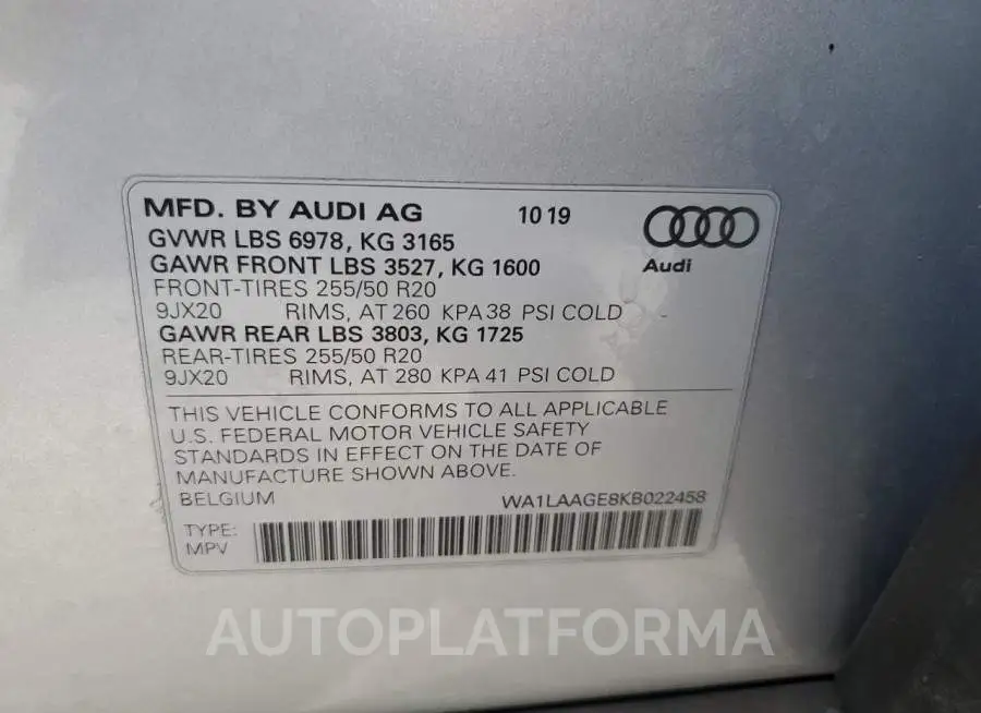 AUDI E-TRON PRE 2019 vin WA1LAAGE8KB022458 from auto auction Copart