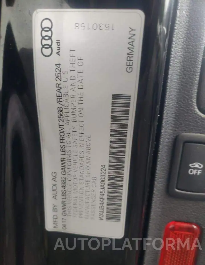 AUDI S4 PREMIUM 2018 vin WAUB4AF45JA003224 from auto auction Copart