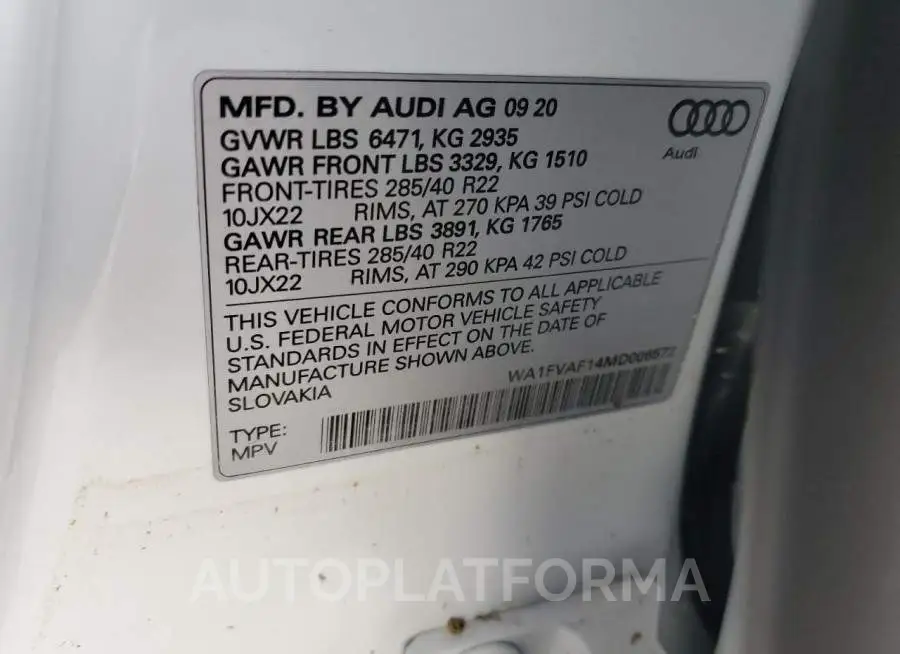 AUDI Q8 PRESTIG 2021 vin WA1FVAF14MD006572 from auto auction Copart