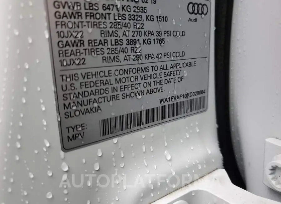 AUDI Q8 PRESTIG 2019 vin WA1FVAF10KD029084 from auto auction Copart