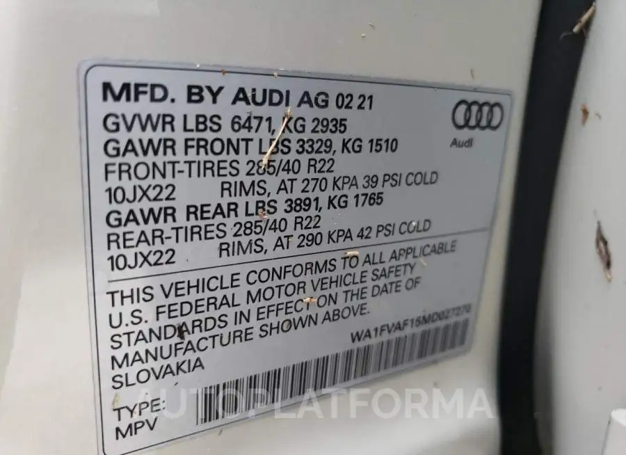 AUDI Q8 PRESTIG 2021 vin WA1FVAF15MD027270 from auto auction Copart