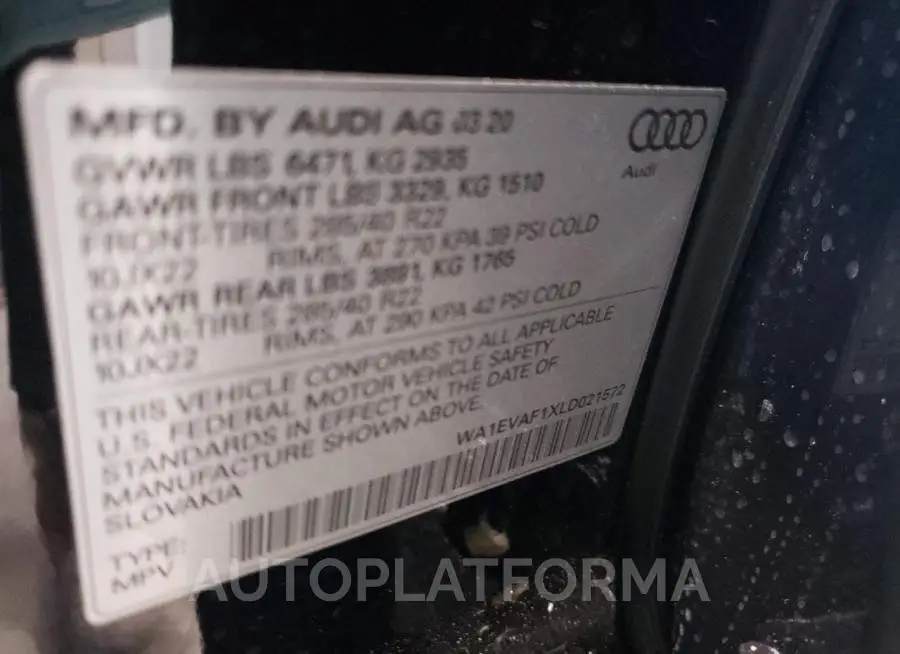 AUDI Q8 PREMIUM 2020 vin WA1EVAF1XLD021572 from auto auction Copart