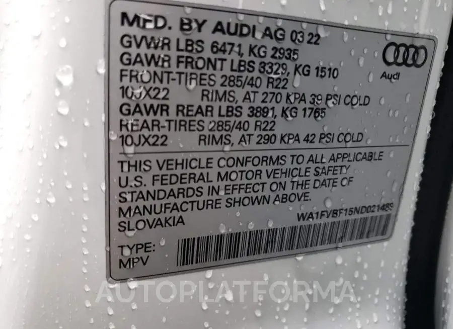 AUDI Q8 PRESTIG 2022 vin WA1FVBF15ND021489 from auto auction Copart