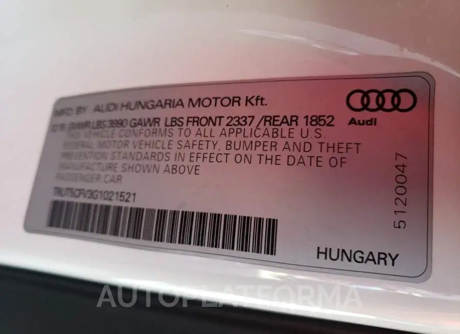 AUDI TT 2016 vin TRUT5CFV3G1021521 from auto auction Copart