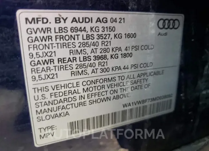 AUDI SQ7 PRESTI 2021 vin WA1VWBF73MD038092 from auto auction Copart