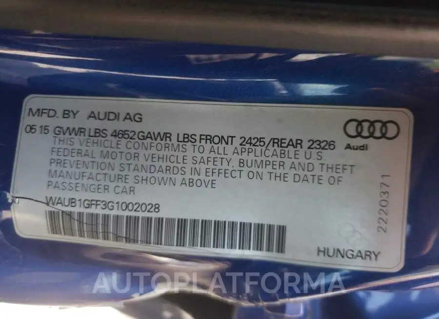 AUDI S3 PREMIUM 2016 vin WAUB1GFF3G1002028 from auto auction Copart