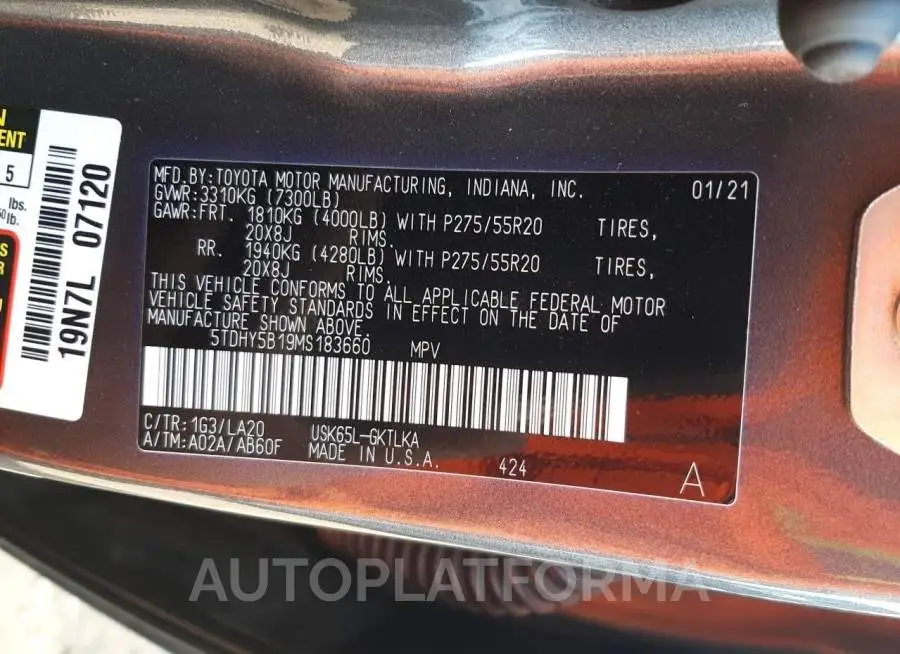 TOYOTA SEQUOIA LI 2021 vin 5TDHY5B19MS183660 from auto auction Copart