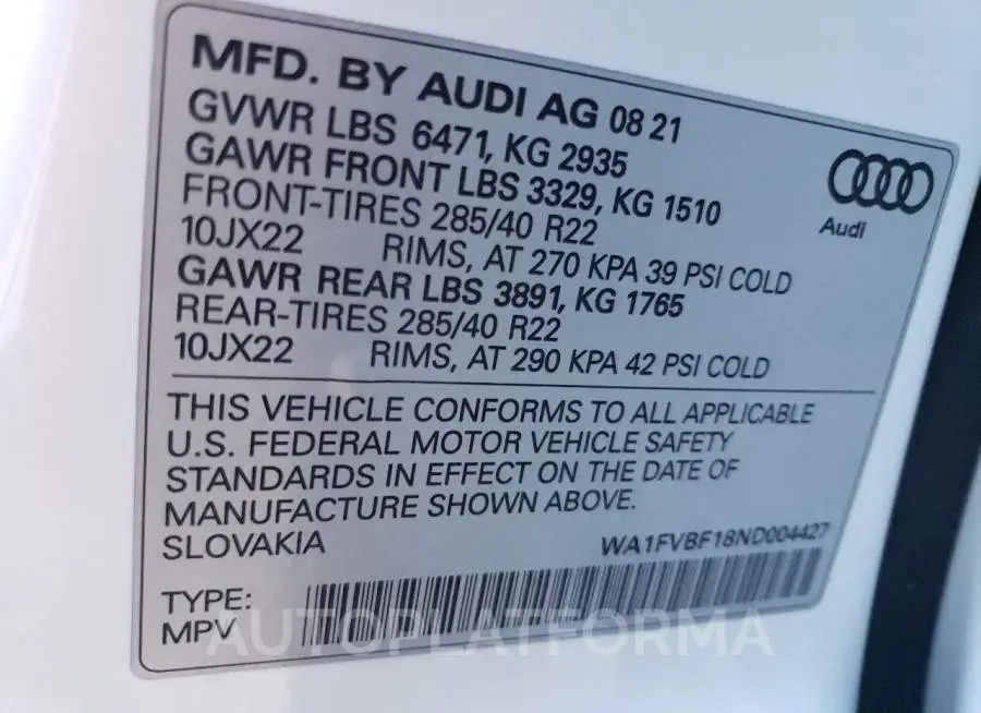 AUDI Q8 PRESTIG 2022 vin WA1FVBF18ND004427 from auto auction Copart