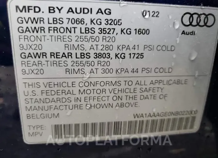 AUDI E-TRON PRE 2022 vin WA1AAAGE0NB022000 from auto auction Copart