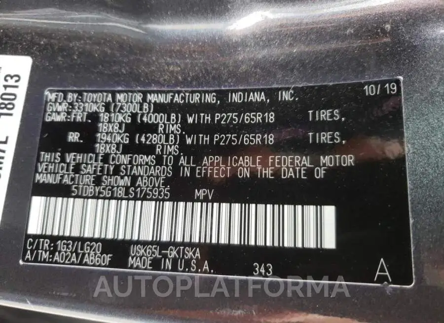 TOYOTA SEQUOIA SR 2020 vin 5TDBY5G18LS175935 from auto auction Copart