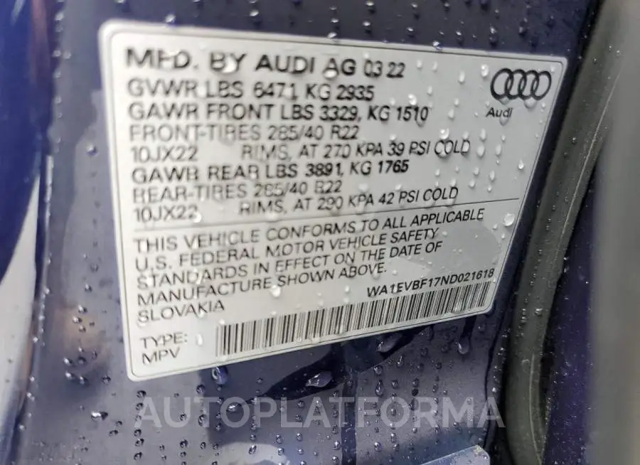 AUDI Q8 PREMIUM 2022 vin WA1EVBF17ND021618 from auto auction Copart