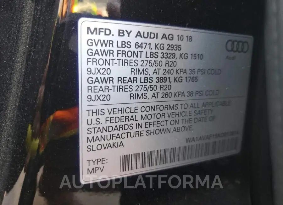 AUDI Q8 PREMIUM 2019 vin WA1AVAF15KD013814 from auto auction Copart