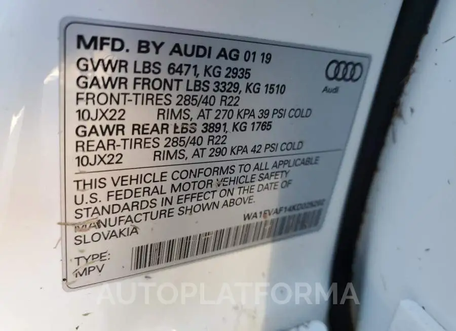 AUDI Q8 PRESTIG 2019 vin WA1FVAF14KD025202 from auto auction Copart