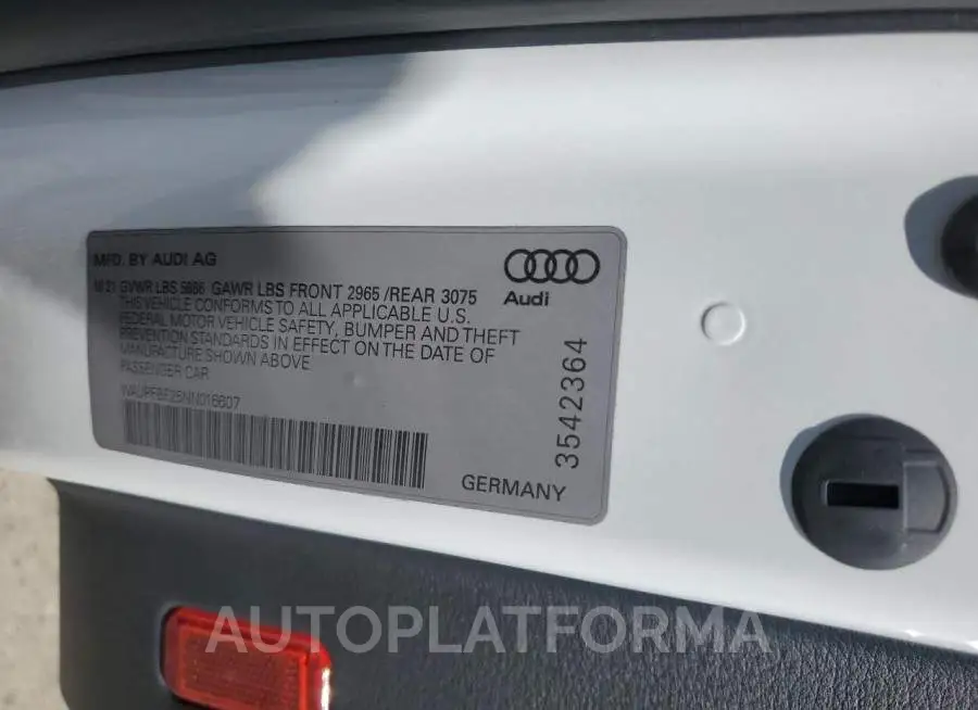 AUDI S7 PREMIUM 2022 vin WAUPFBF25NN016607 from auto auction Copart