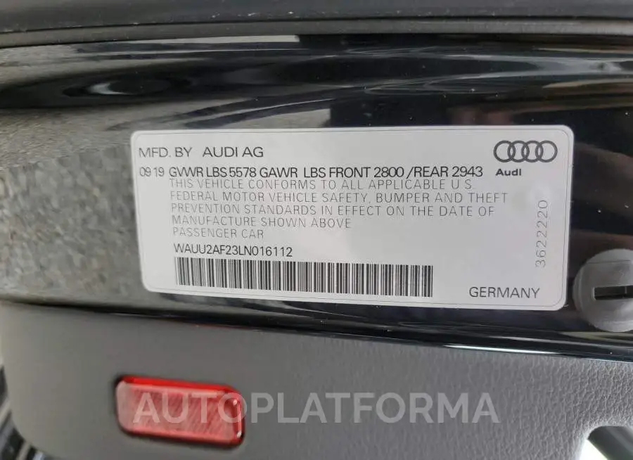 AUDI A7 PREMIUM 2020 vin WAUU2AF23LN016112 from auto auction Copart