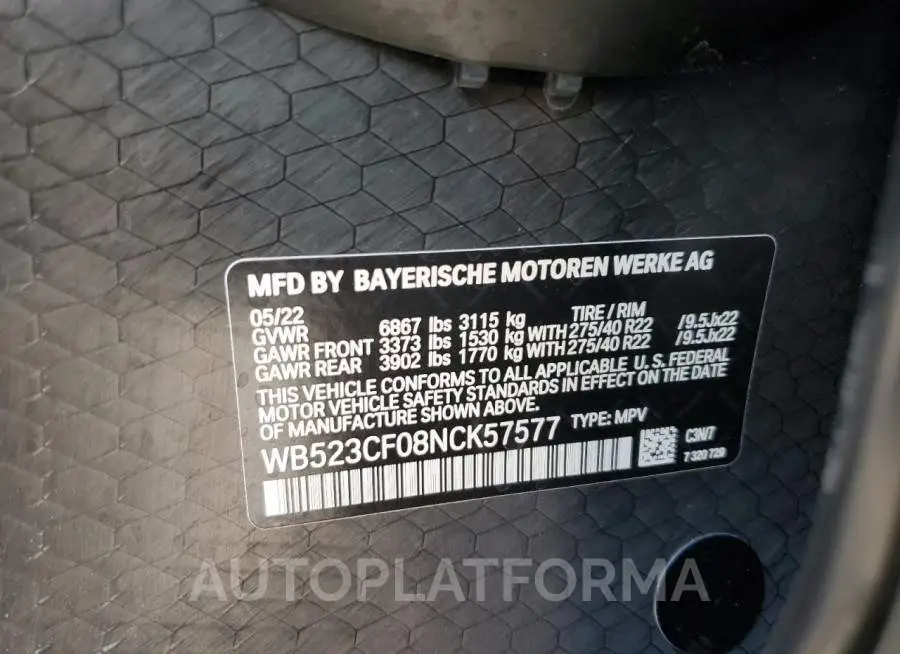 BMW IX XDRIVE5 2022 vin WB523CF08NCK57577 from auto auction Copart